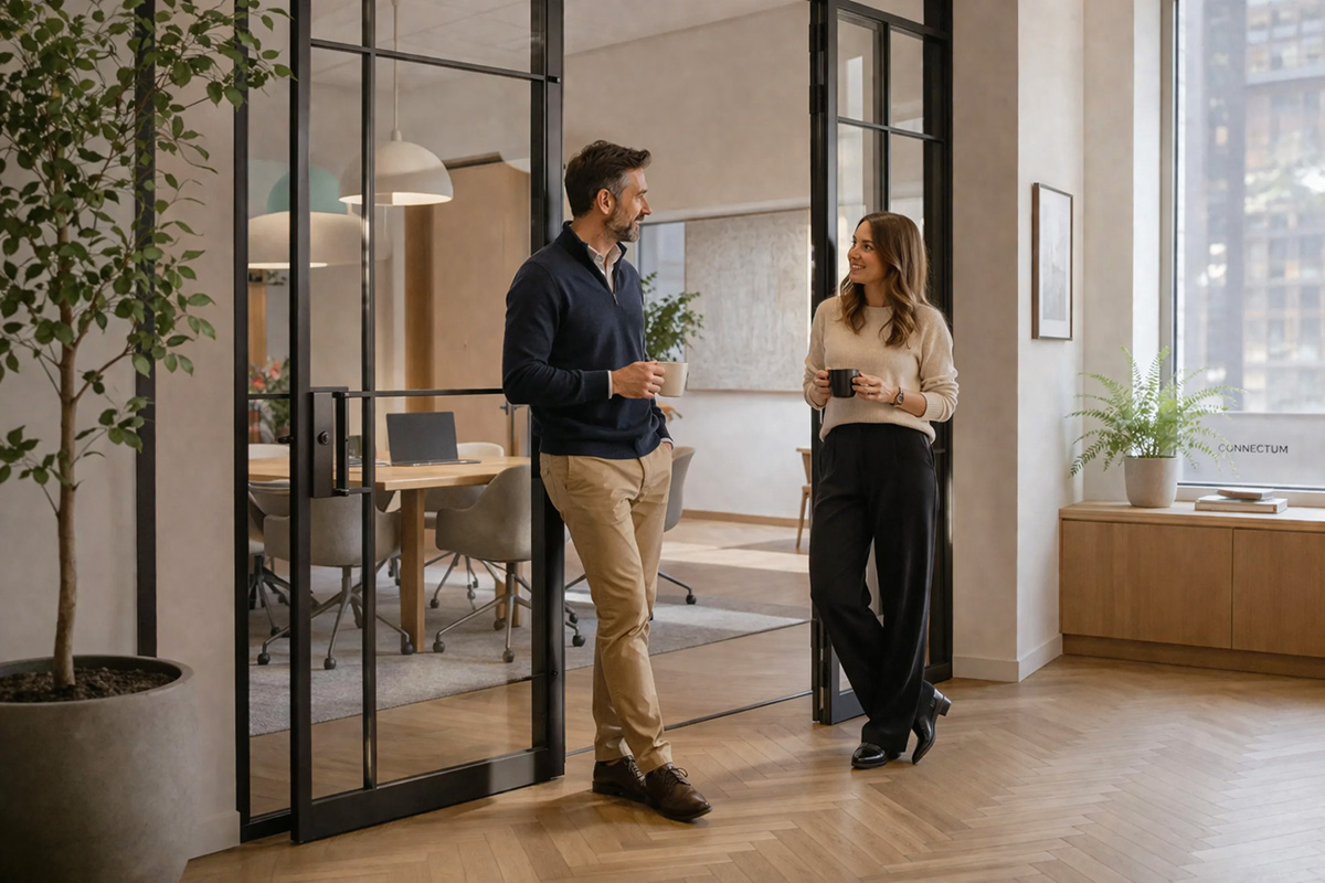 Casual conversation in a modern office